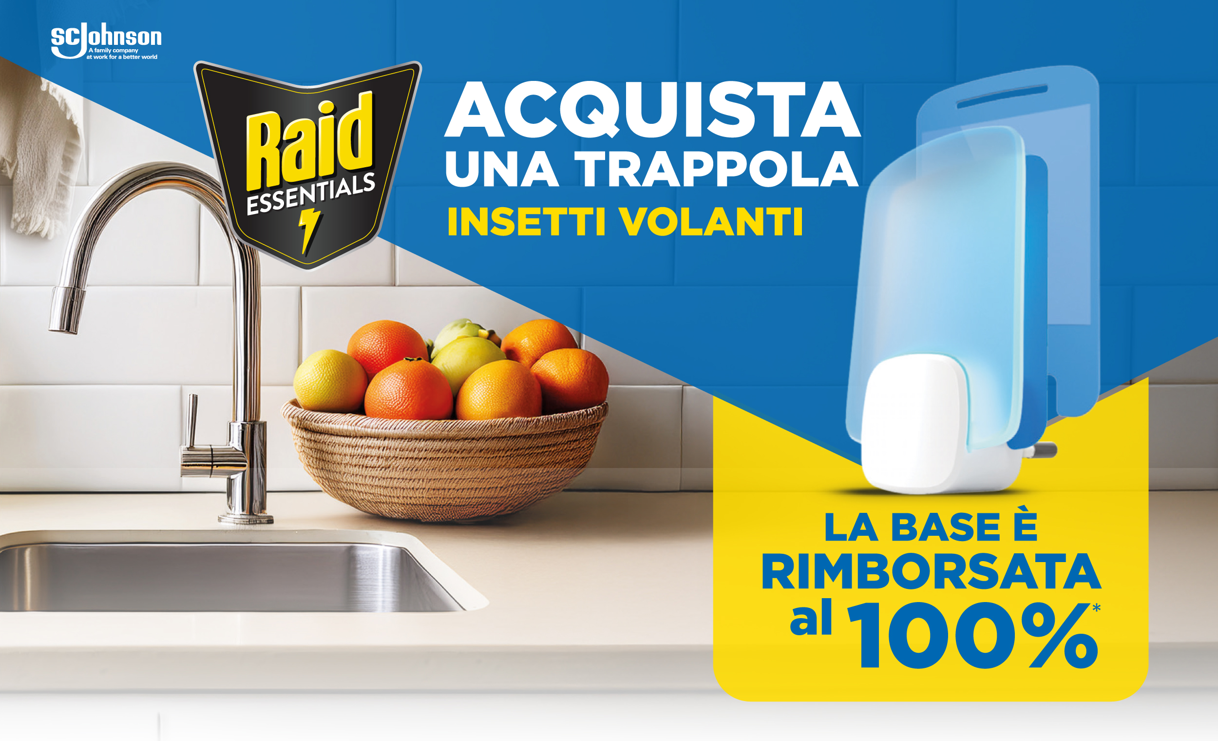 Immagine desktop che spiega la meccanica del cashback Rimborso 100% base trappola insetti volanti: Con l'acquisto di una trappola insetti volanti ricevi il riborso del 100% della base